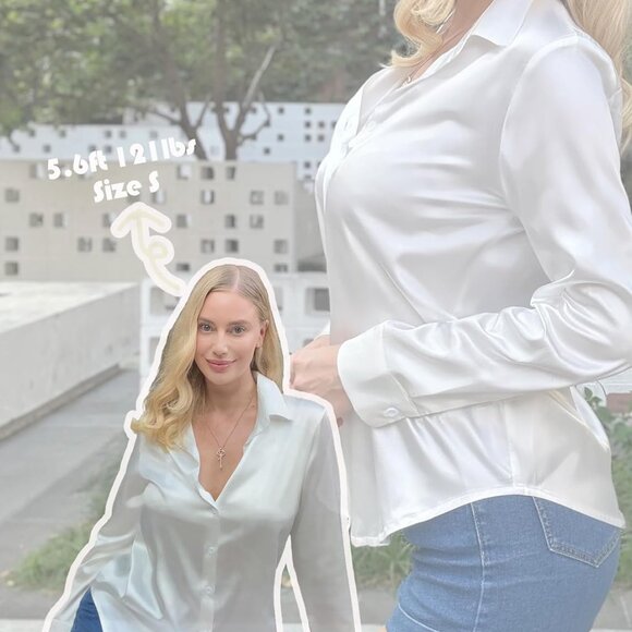 White Satin Silk Button Down Casual Blouse Shirt XL - Picture 2 of 10